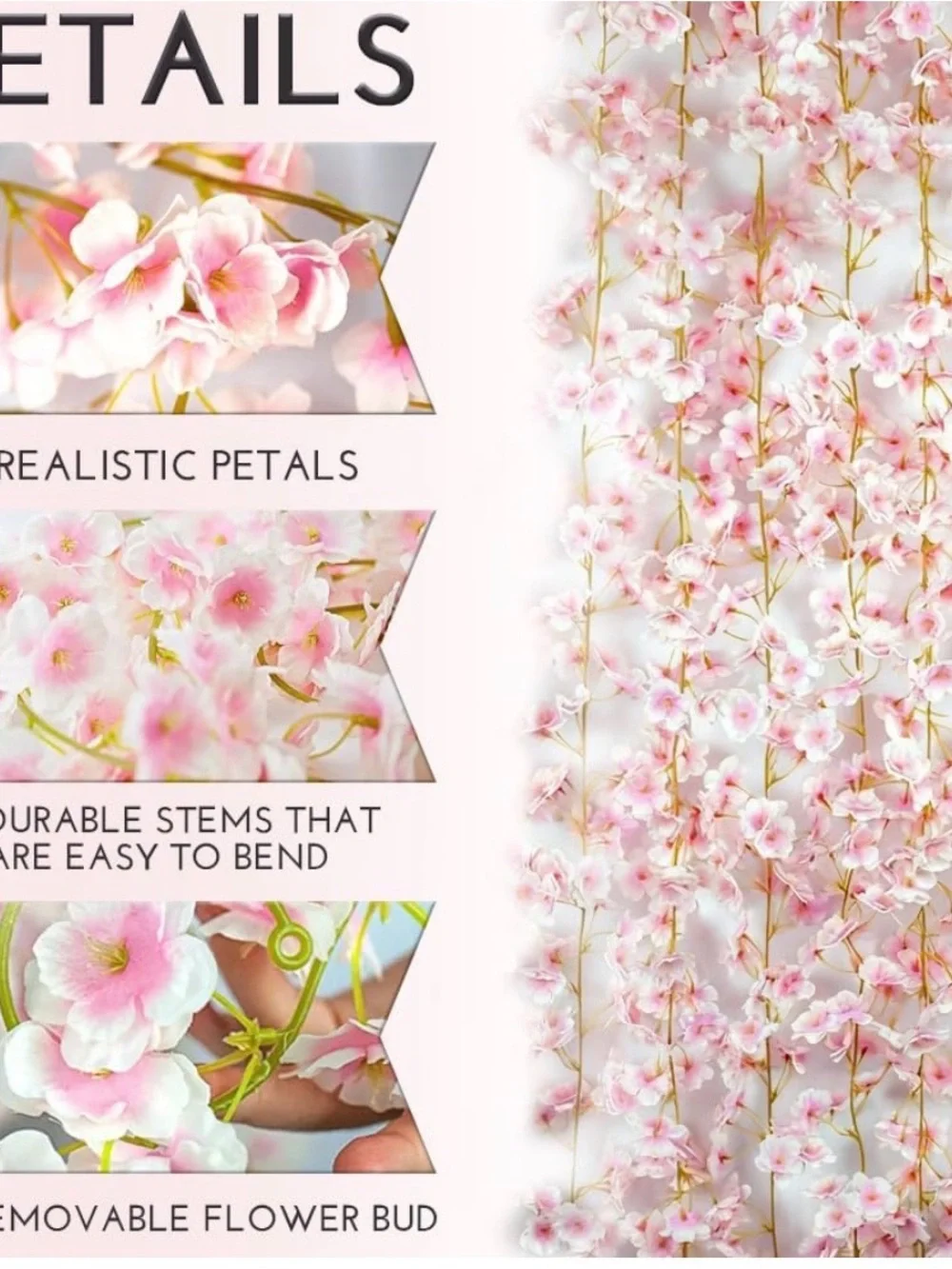 NIB Cherry Blossom Garland 10 Pcs & 59 ft, Faux Silk Hanging Sakura Vines,Pink
